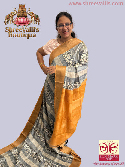 Grey & Ivory with Golden Mustard Border - Pure Tussar Silk Saree