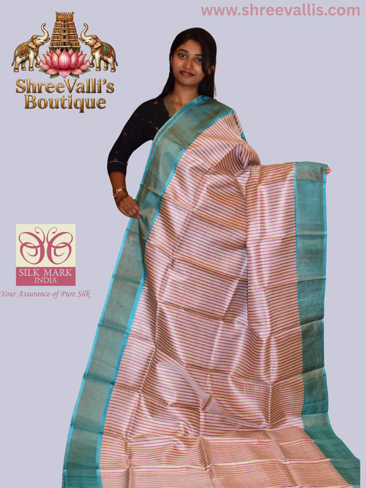 Ivory & Purple Striped Pure Tussar Silk Saree with Turquoise Border
