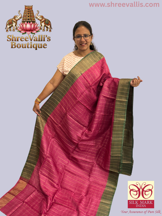 Radiant Pink Gold Checks with Floral Pallu - Pure Tussar Silk Saree