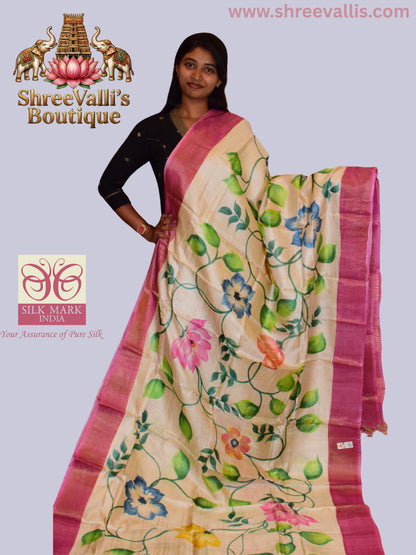 Premium Hand-Painted Floral Ivory Pure Tussar Silk Saree with Rani Pink Border