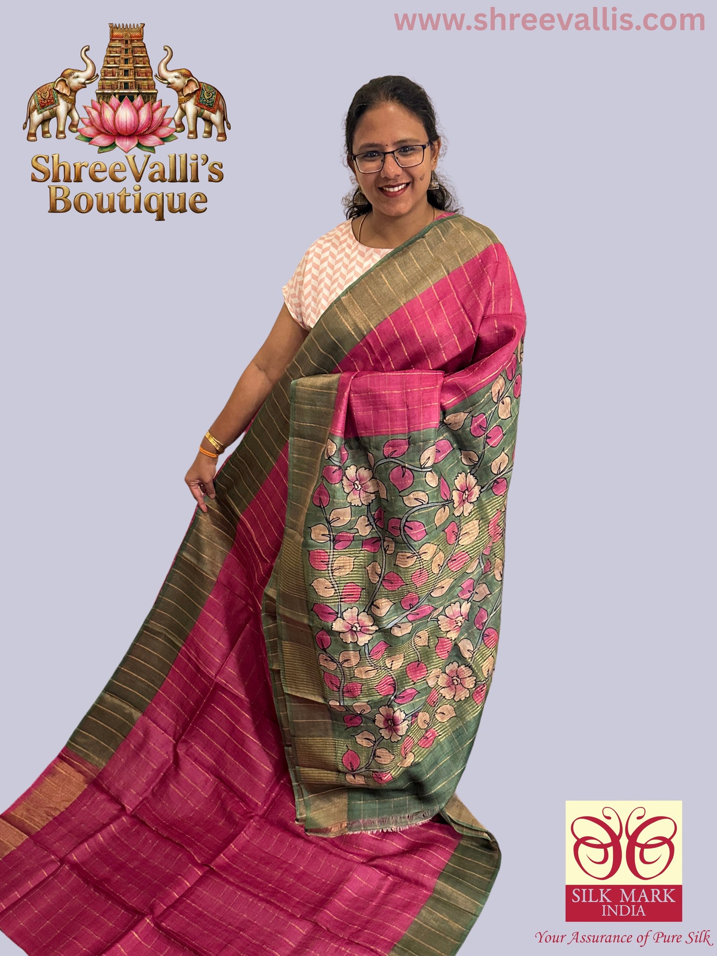 Radiant Pink Gold Checks with Floral Pallu - Pure Tussar Silk Saree