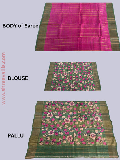 Radiant Pink Gold Checks with Floral Pallu - Pure Tussar Silk Saree