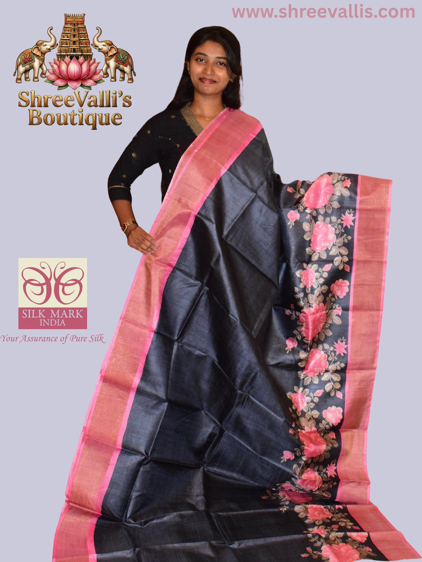 Midnight Black Pure Tussar Silk Saree with Rani Pink Floral Pallu