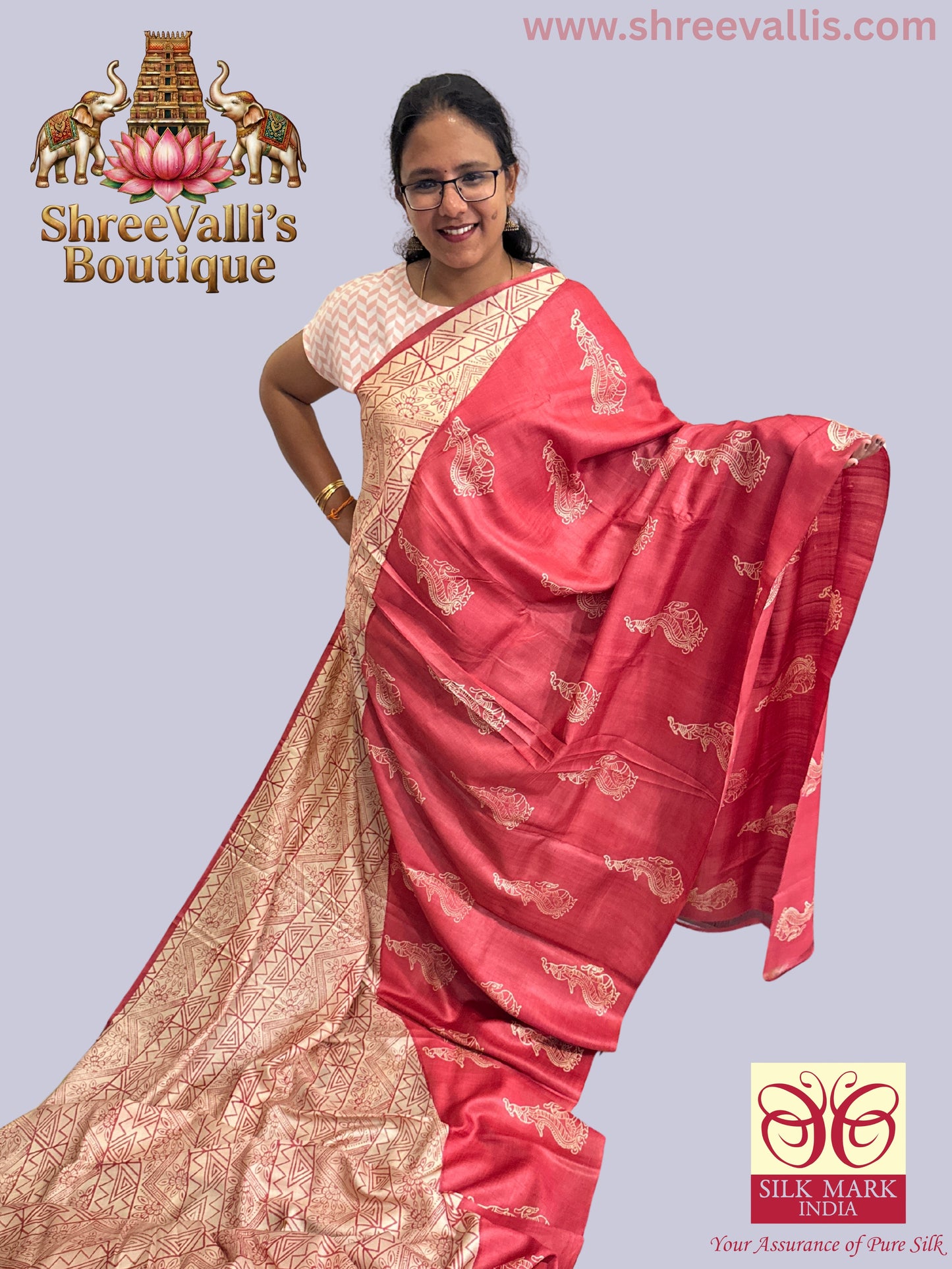 Handpicked – Geometric & Traditional Motifs (Coral Pink with Cream Contrast) - Pure Tussar Silk Saree