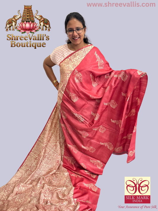 Handpicked – Geometric & Traditional Motifs (Coral Pink with Cream Contrast) - Pure Tussar Silk Saree