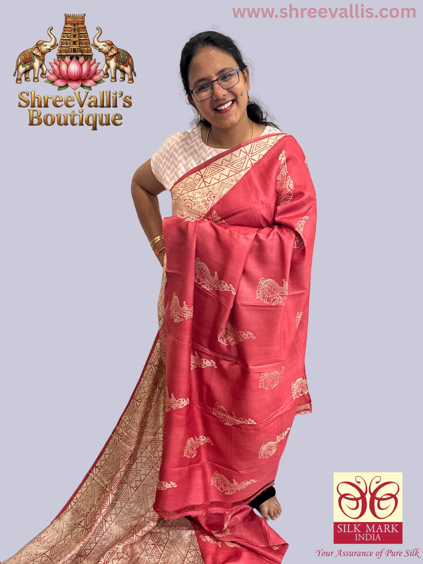 Handpicked – Geometric & Traditional Motifs (Coral Pink with Cream Contrast) - Pure Tussar Silk Saree