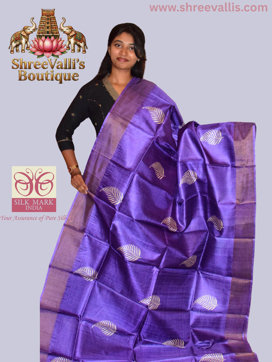 Royal Violet Pure Tussar Silk Saree with White Leaf Motifs