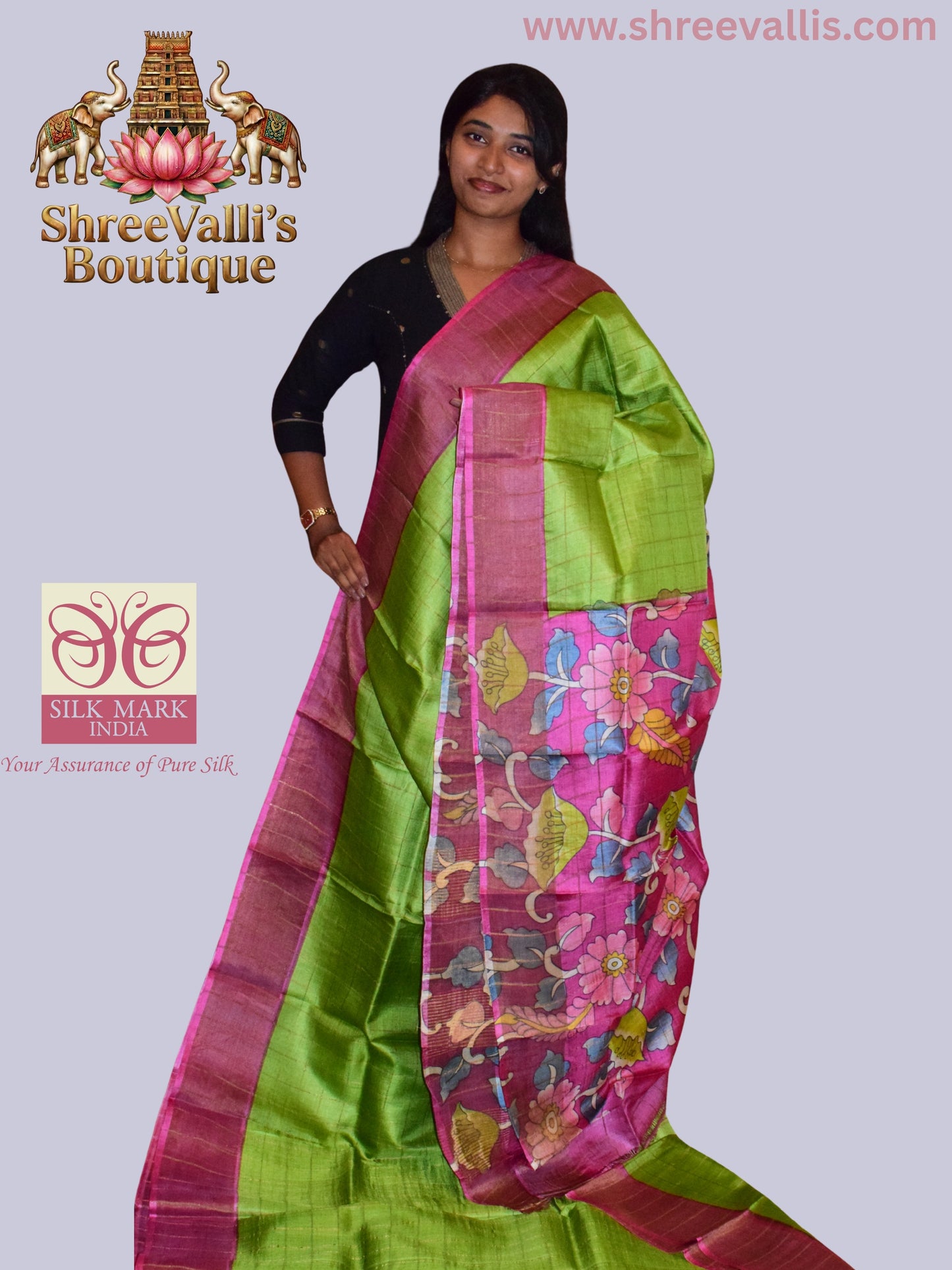 Parrot Green Gold Checks with Floral Pallu - Pure Tussar Silk Saree