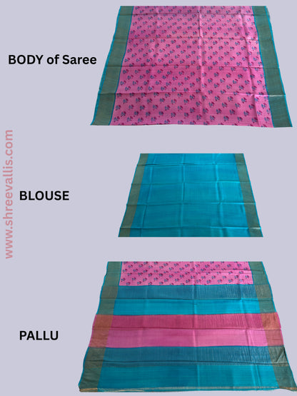 Soft Pink & Teal with Striped Zari Pallu - Pure Tussar Silk Saree