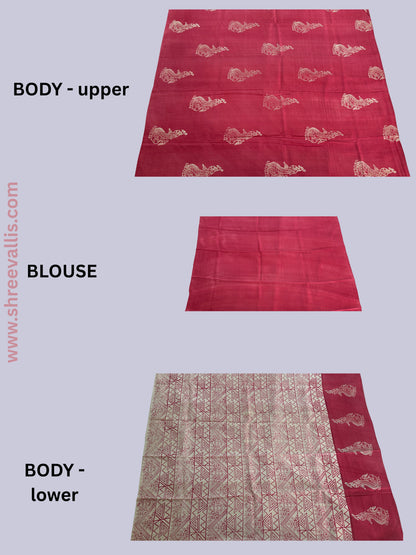 Handpicked – Geometric & Traditional Motifs (Coral Pink with Cream Contrast) - Pure Tussar Silk Saree