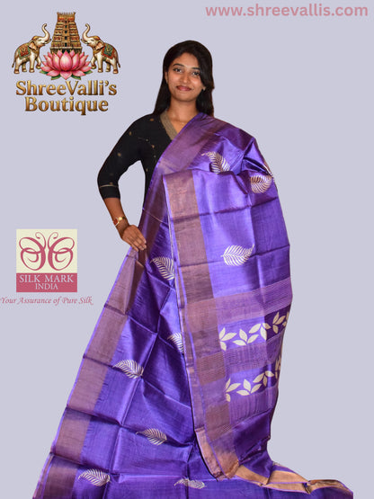 Royal Violet Pure Tussar Silk Saree with White Leaf Motifs