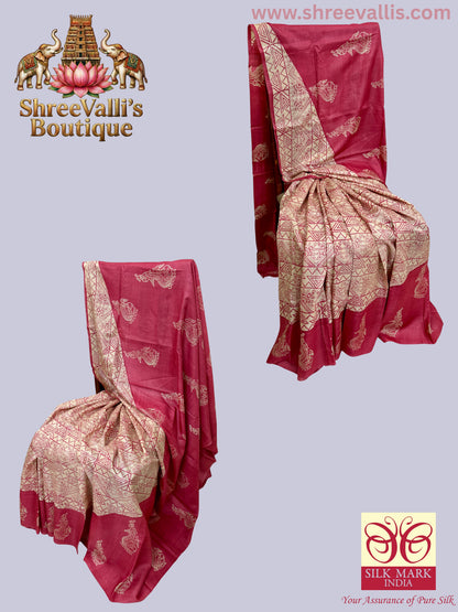 Handpicked – Geometric & Traditional Motifs (Coral Pink with Cream Contrast) - Pure Tussar Silk Saree