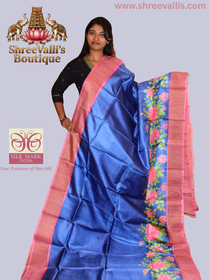 Royal Blue Pure Tussar Silk Saree with Rani Pink Floral Border