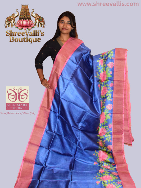 Royal Blue Pure Tussar Silk Saree with Rani Pink Floral Border