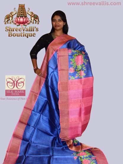 Royal Blue Pure Tussar Silk Saree with Rani Pink Floral Border