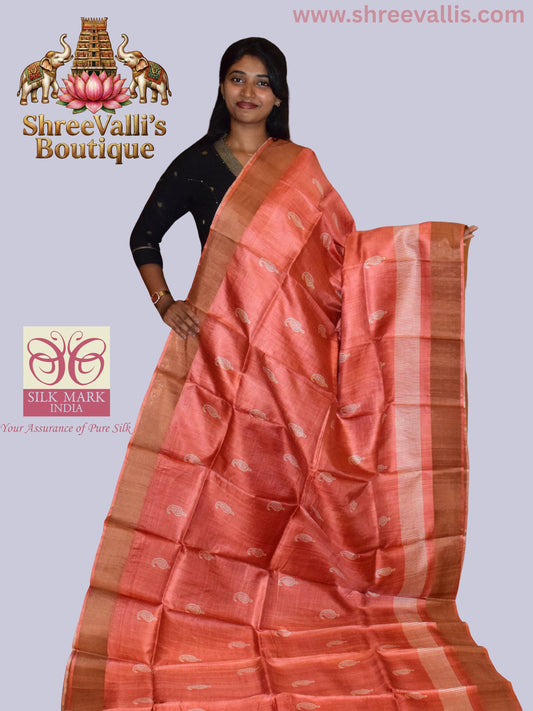 Soft Rust Pure Tussar Silk Saree with Minimalist Paisley Motifs