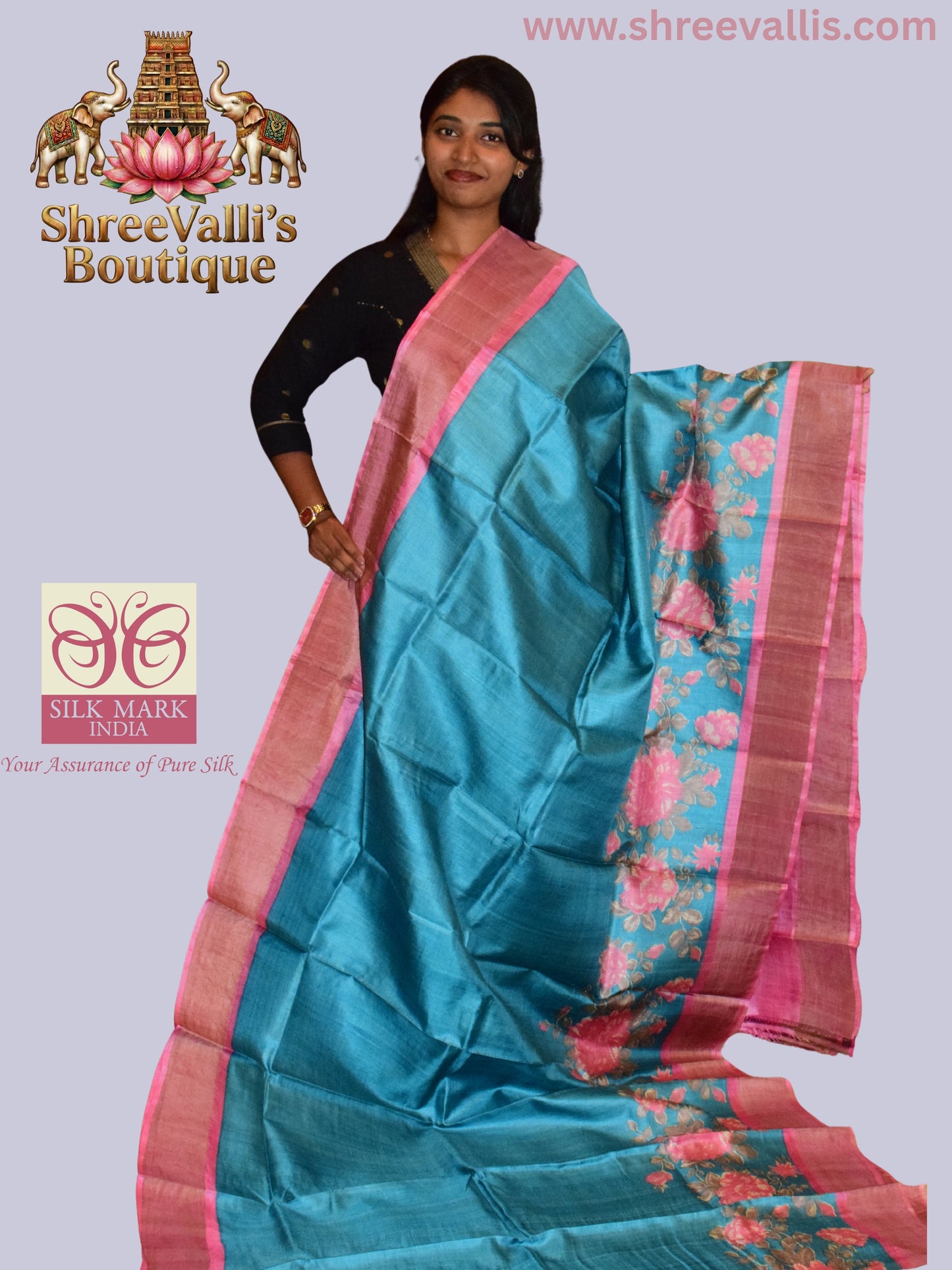 Vibrant Sea Blue Pure Tussar Silk Saree with Rani Pink Floral Border
