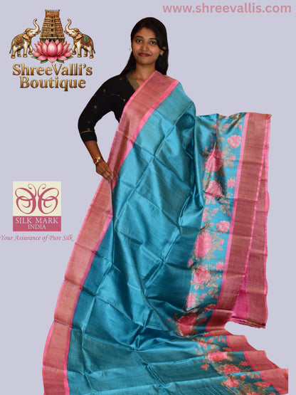 Vibrant Sea Blue Pure Tussar Silk Saree with Rani Pink Floral Border