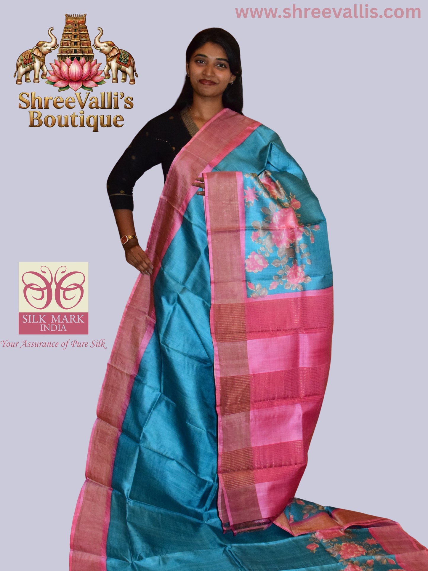 Vibrant Sea Blue Pure Tussar Silk Saree with Rani Pink Floral Border