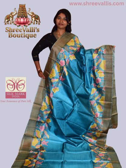 Sea Blue Pure Tussar Silk Saree with Floral Vine & Metallic Border