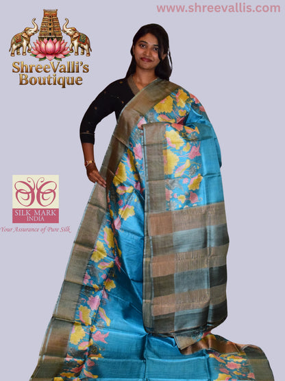 Sea Blue Pure Tussar Silk Saree with Floral Vine & Metallic Border