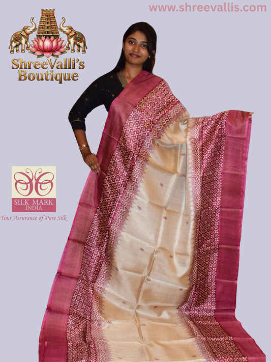 Ivory Pure Tussar Silk Saree with Rich Red Geometric Pallu
