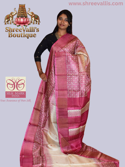 Ivory Pure Tussar Silk Saree with Rich Red Geometric Pallu