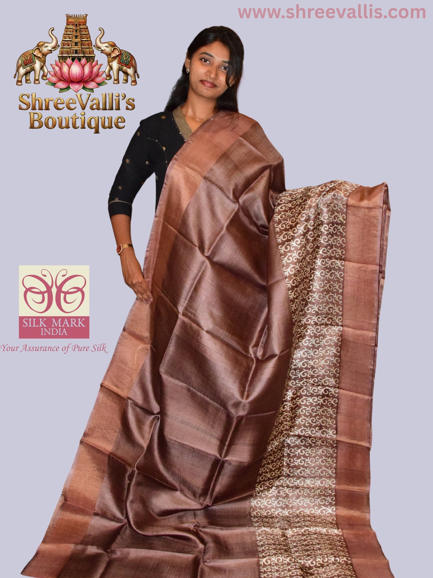 Copper Brown Pure Tussar Silk Saree with Ivory Vine Pallu