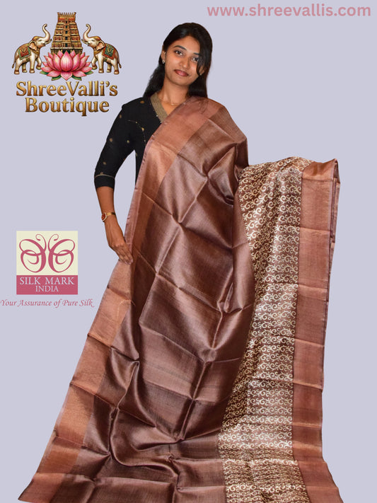 Copper Brown Pure Tussar Silk Saree with Ivory Vine Pallu