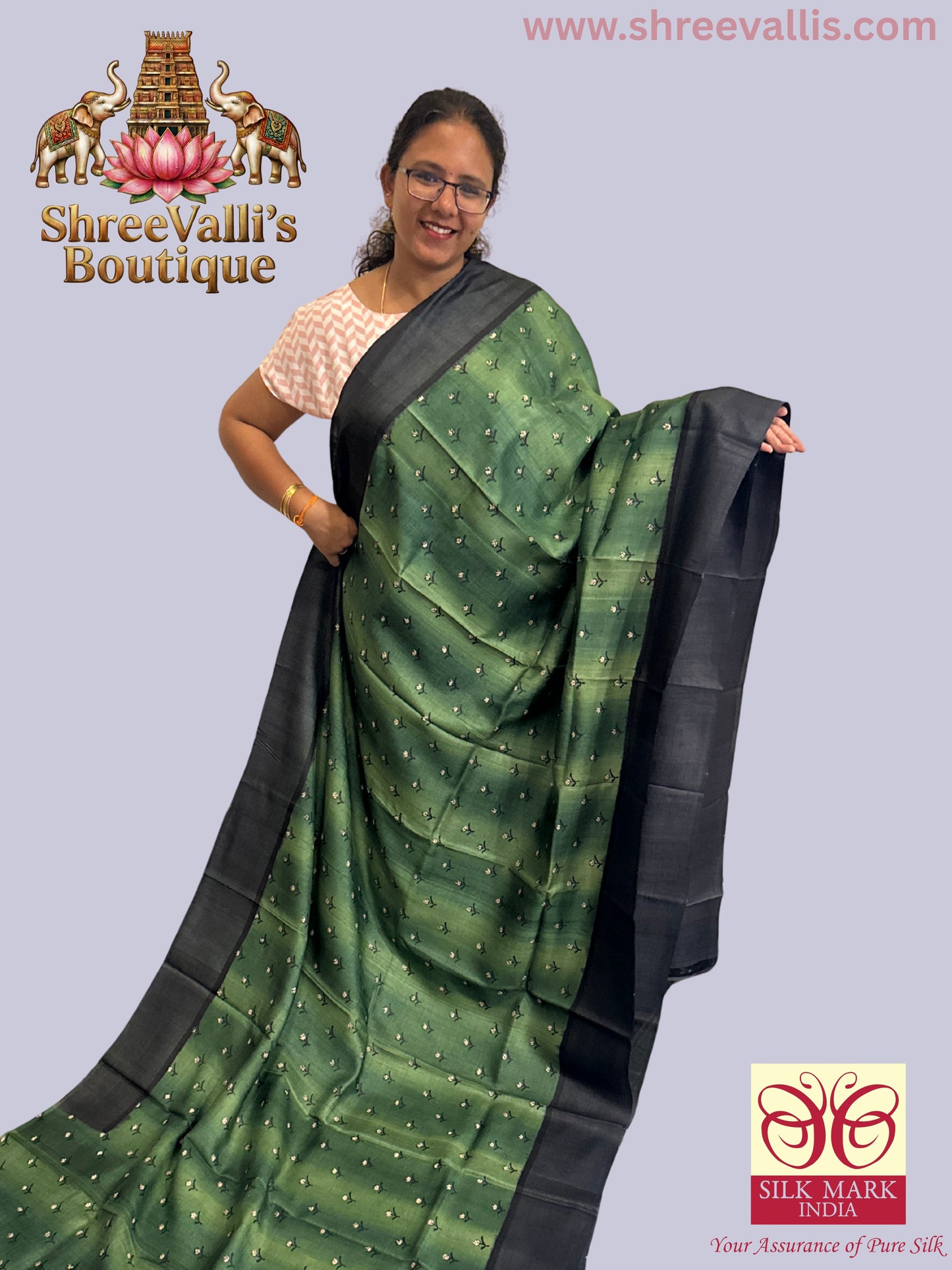 Ombre Green with Floral Motifs - Pure Tussar Silk Saree