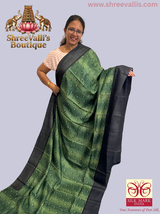 Ombre Green with Floral Motifs - Pure Tussar Silk Saree