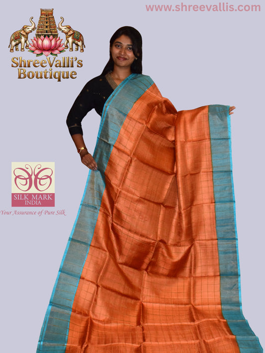 Copper-Rust Gold Checks Pure Tussar Silk Saree with Turquoise Floral Pallu