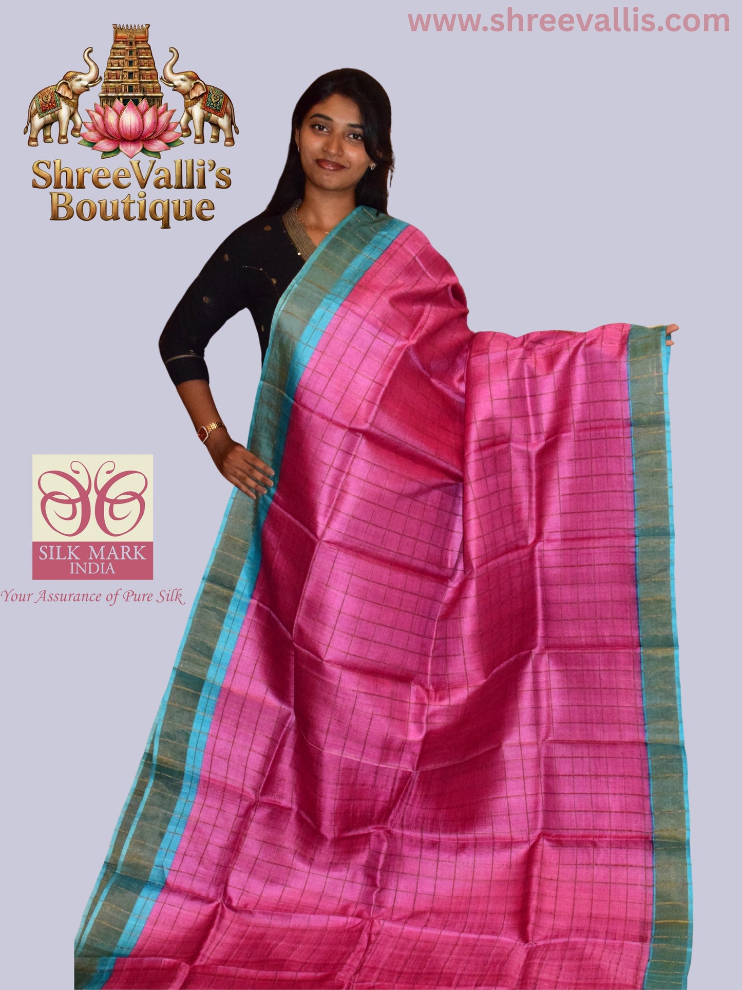Rani Pink Checkered Pure Tussar Silk Saree with Turquoise Floral Pallu