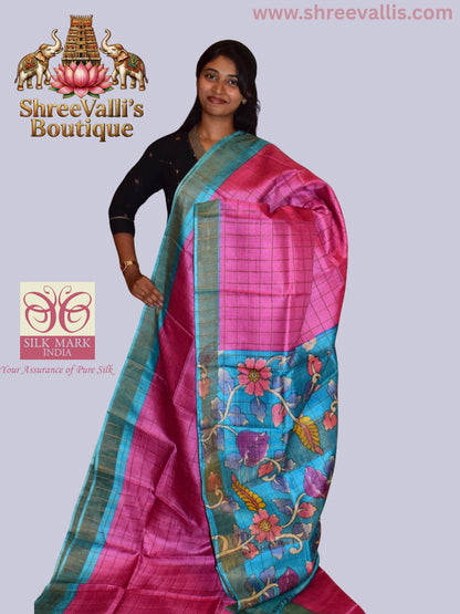 Rani Pink Checkered Pure Tussar Silk Saree with Turquoise Floral Pallu