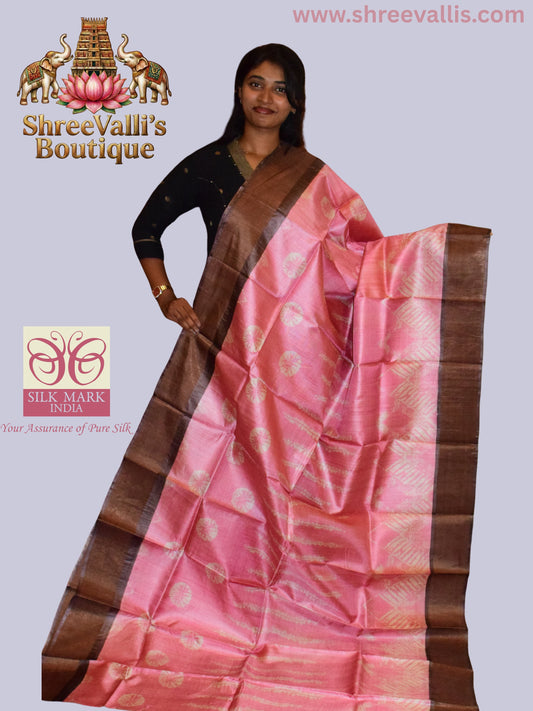Soft Rose Pure Tussar Silk Saree with Earthen Brown Floral Pallu