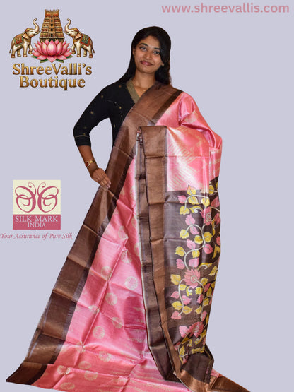 Soft Rose Pure Tussar Silk Saree with Earthen Brown Floral Pallu