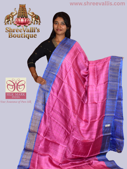 Rani Pink Checkered Pure Tussar Silk Saree with Blue Floral Pallu