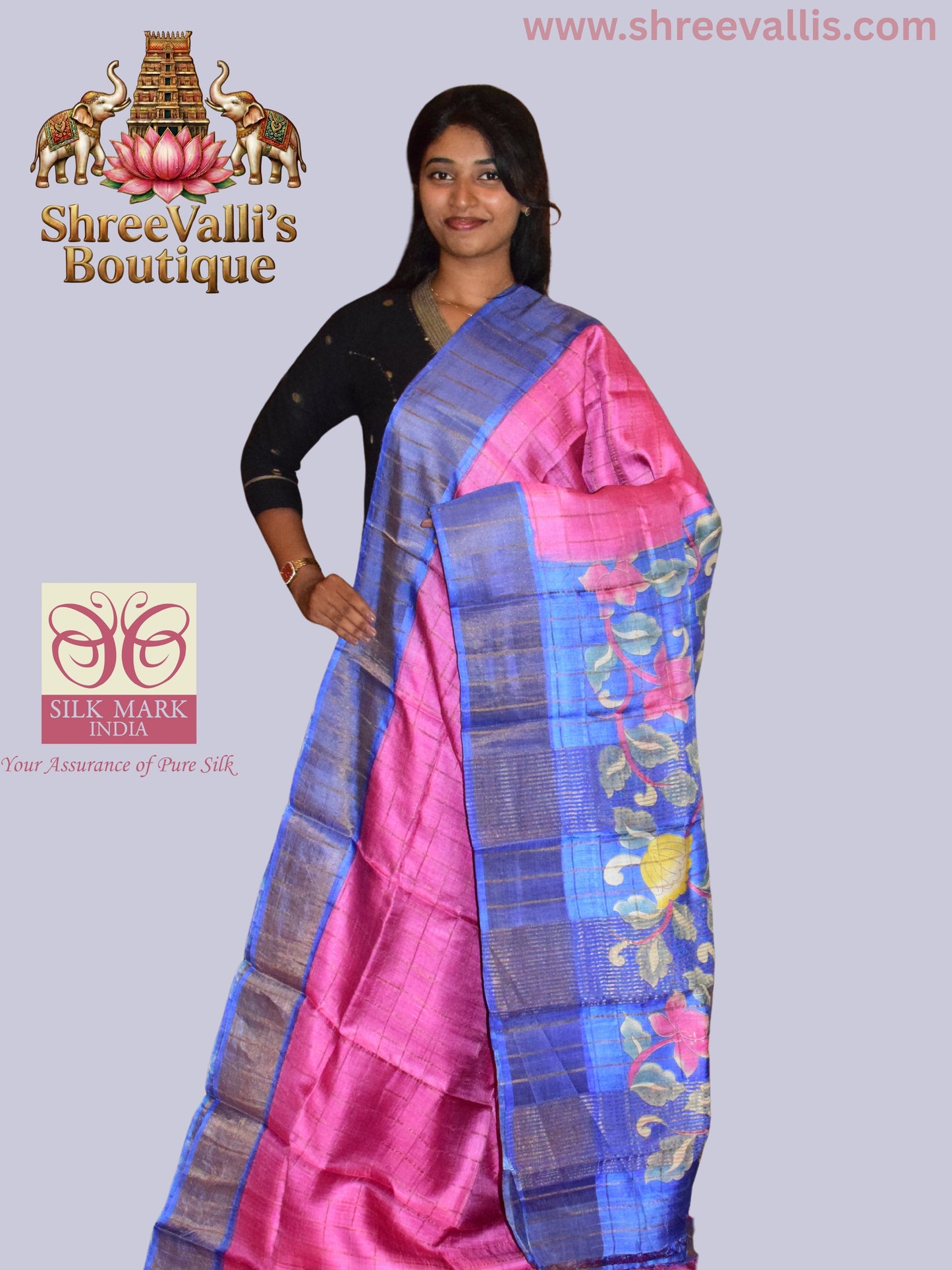 Rani Pink Checkered Pure Tussar Silk Saree with Blue Floral Pallu