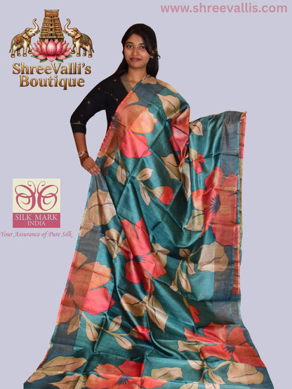 Teal Botanical Bloom Pure Tussar Silk Saree