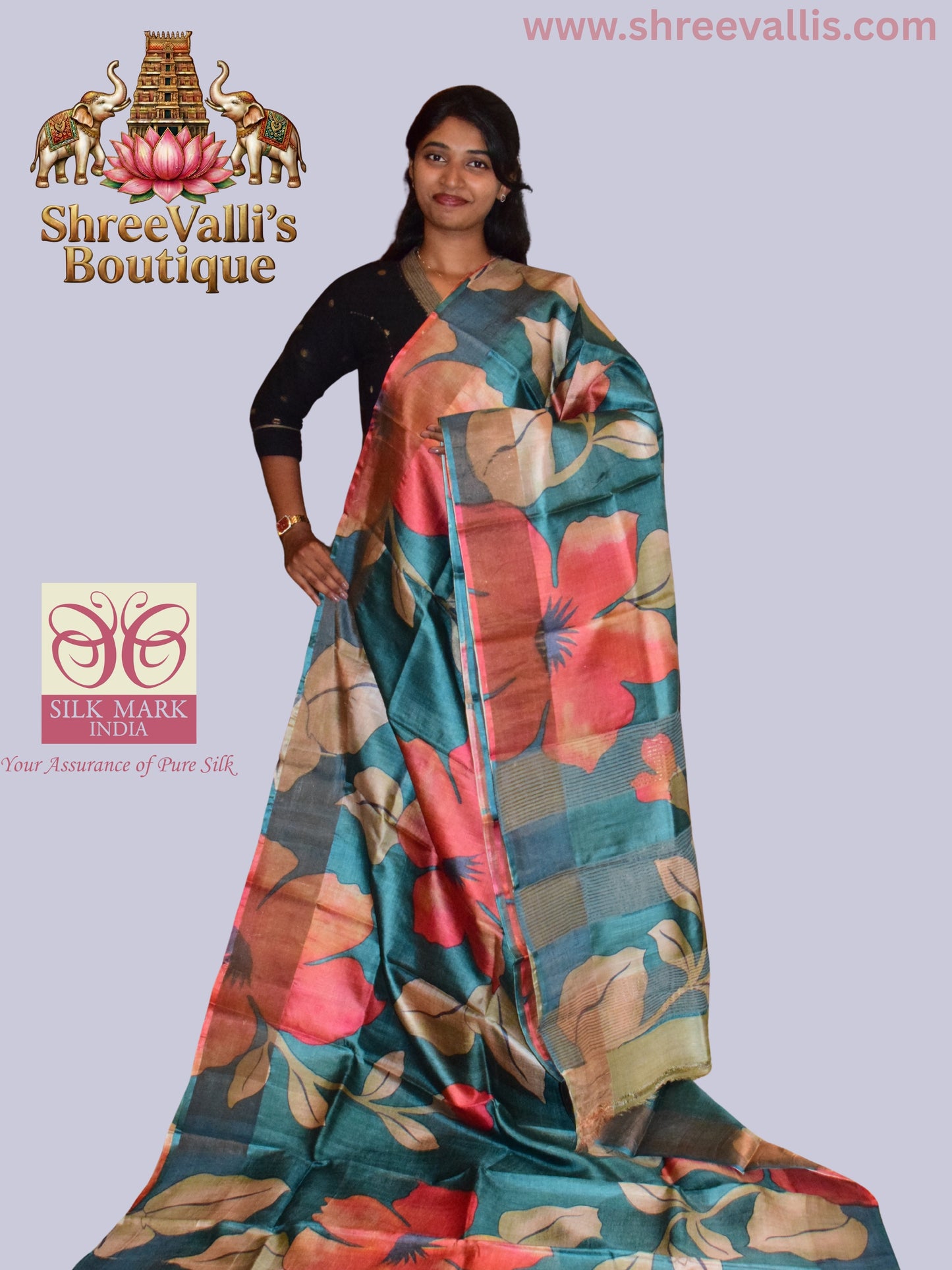 Teal Botanical Bloom Pure Tussar Silk Saree