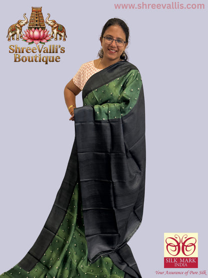 Ombre Green with Floral Motifs - Pure Tussar Silk Saree