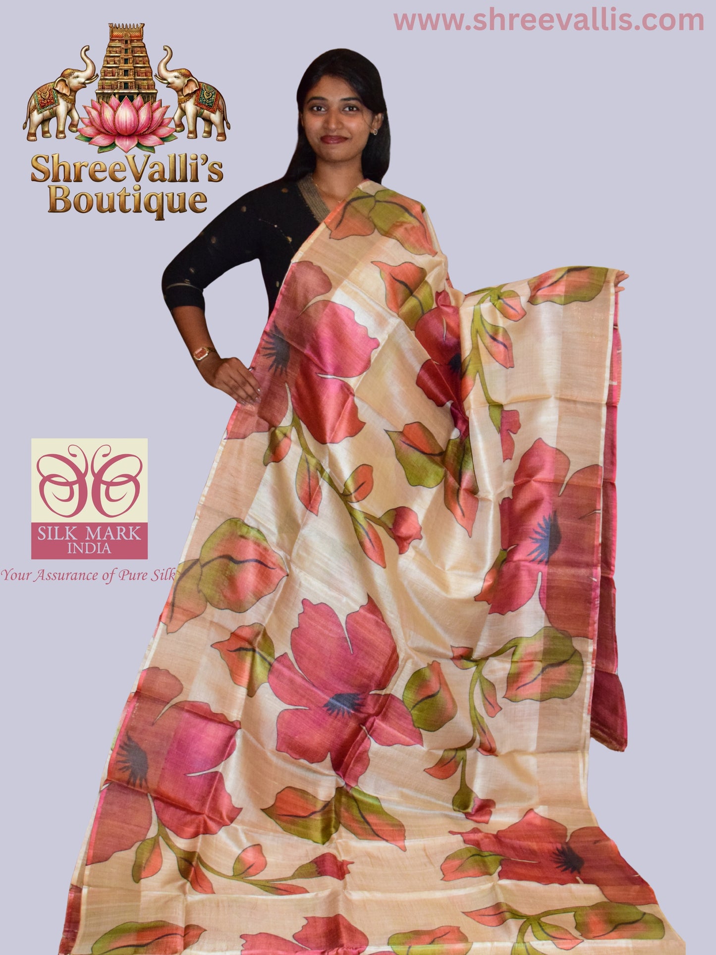 Ivory Pure Tussar Silk Saree with Floral Blooms