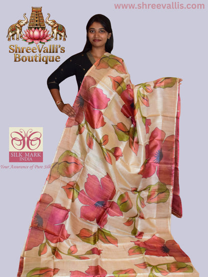 Ivory Pure Tussar Silk Saree with Floral Blooms