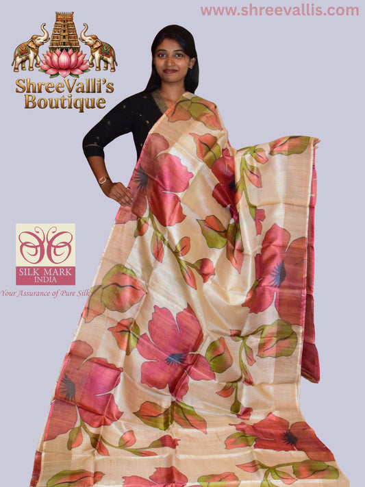 Ivory Pure Tussar Silk Saree with Floral Blooms