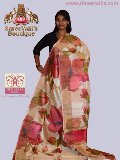 Ivory Pure Tussar Silk Saree with Floral Blooms