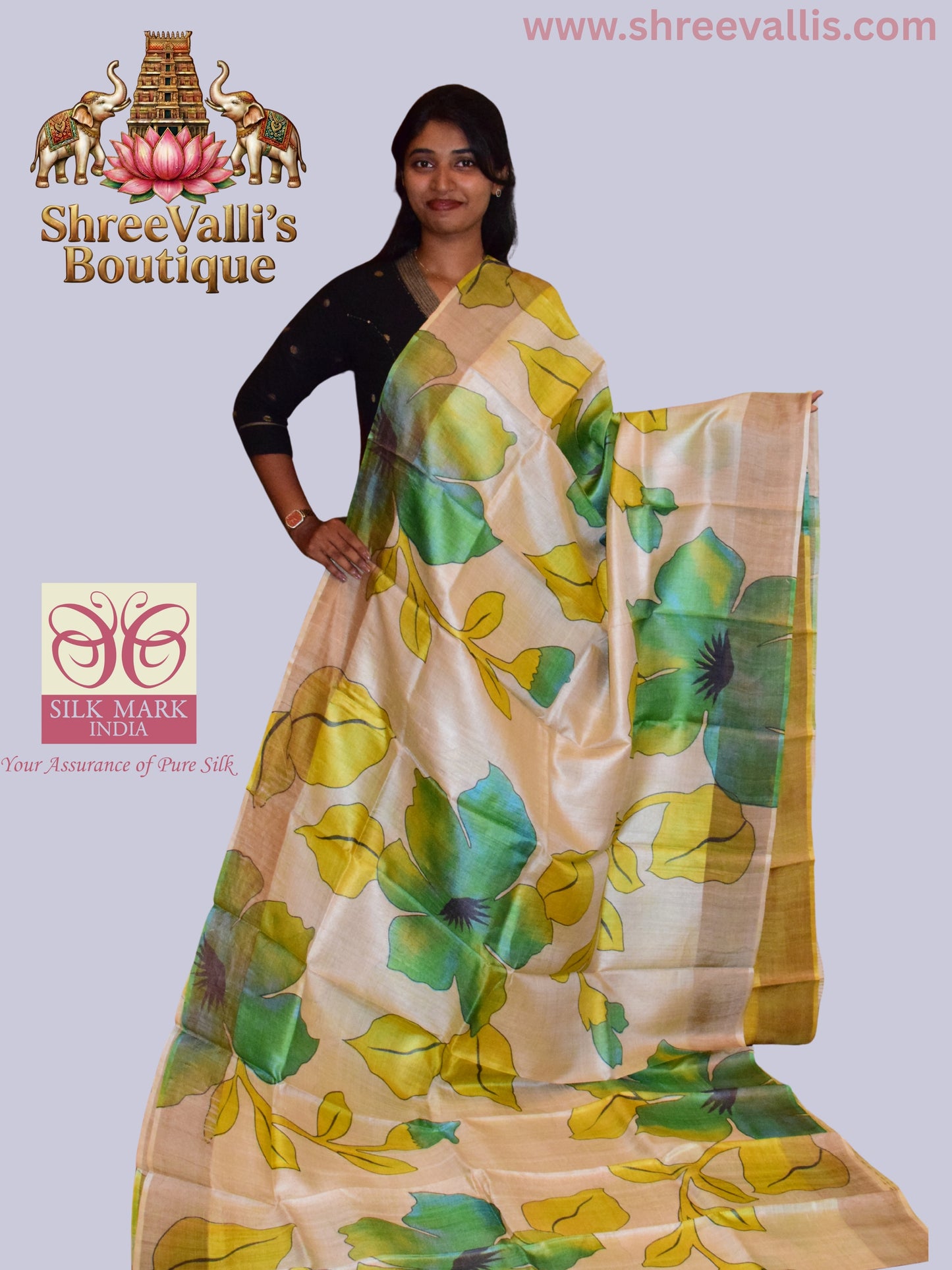 Ivory Pure Tussar Silk Saree with Vibrant Green & Yellow Floral Blooms