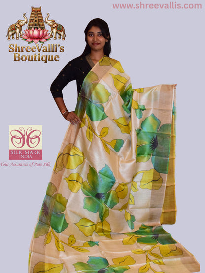 Ivory Pure Tussar Silk Saree with Vibrant Green & Yellow Floral Blooms