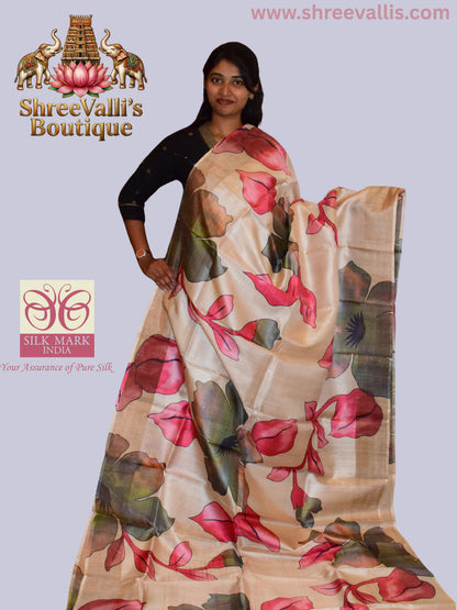 Ivory Pure Tussar Silk Saree with Bold Painted Floral Motifs