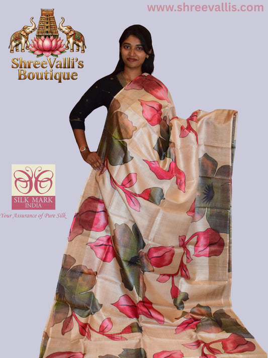 Ivory Pure Tussar Silk Saree with Bold Painted Floral Motifs