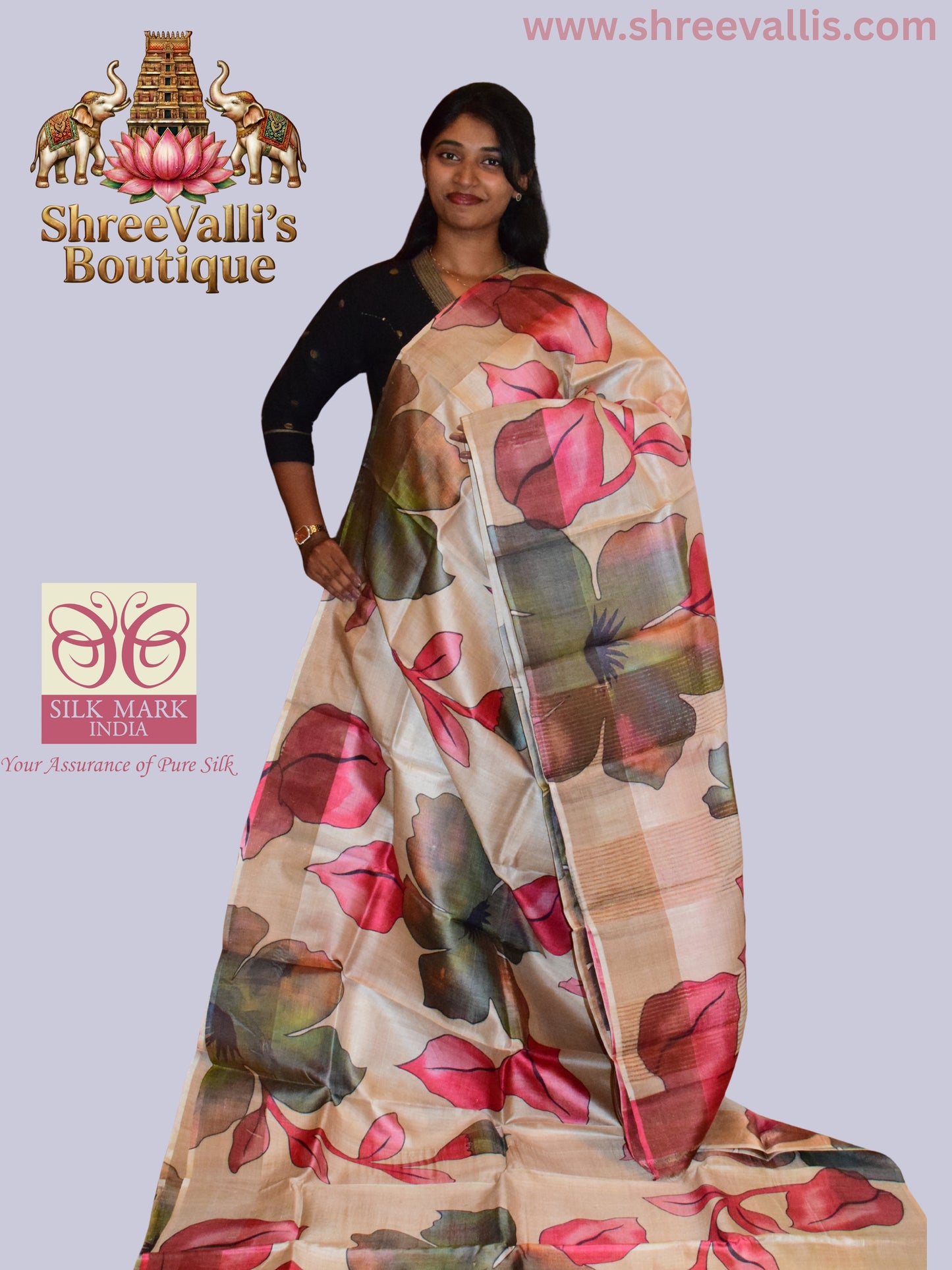 Ivory Pure Tussar Silk Saree with Bold Painted Floral Motifs